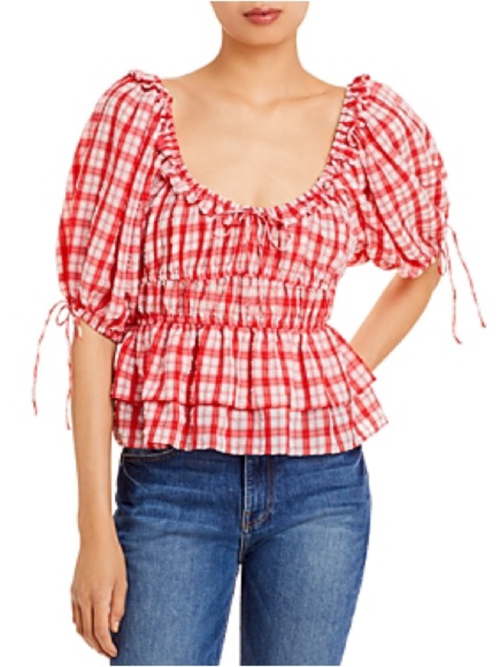 En Saison Women Red Plaid Square Neck Drawstring Blouse 3/4 Sleeve Size L